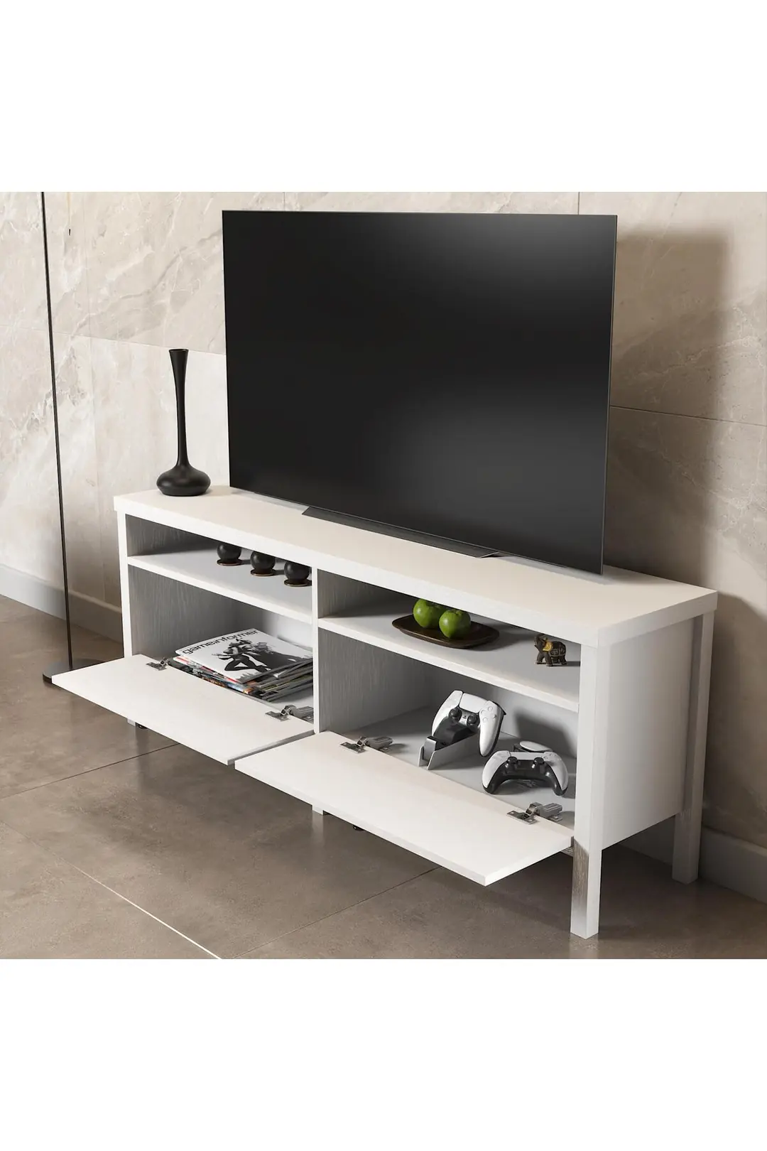 Venezia 2 Çekmece 2 Bölmeli Ahşap Ayaklı Tv 150 Cm Tv Ünitesi - Minifiksli - Wood Beyaz